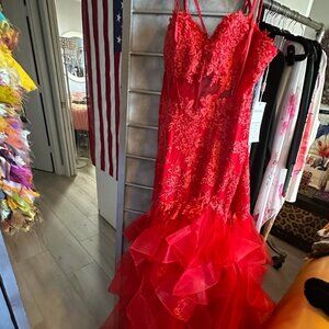 forRed Mermaild Tuile Long  Dress Spaghetti Straps V Neck Lace Applique Ruffles